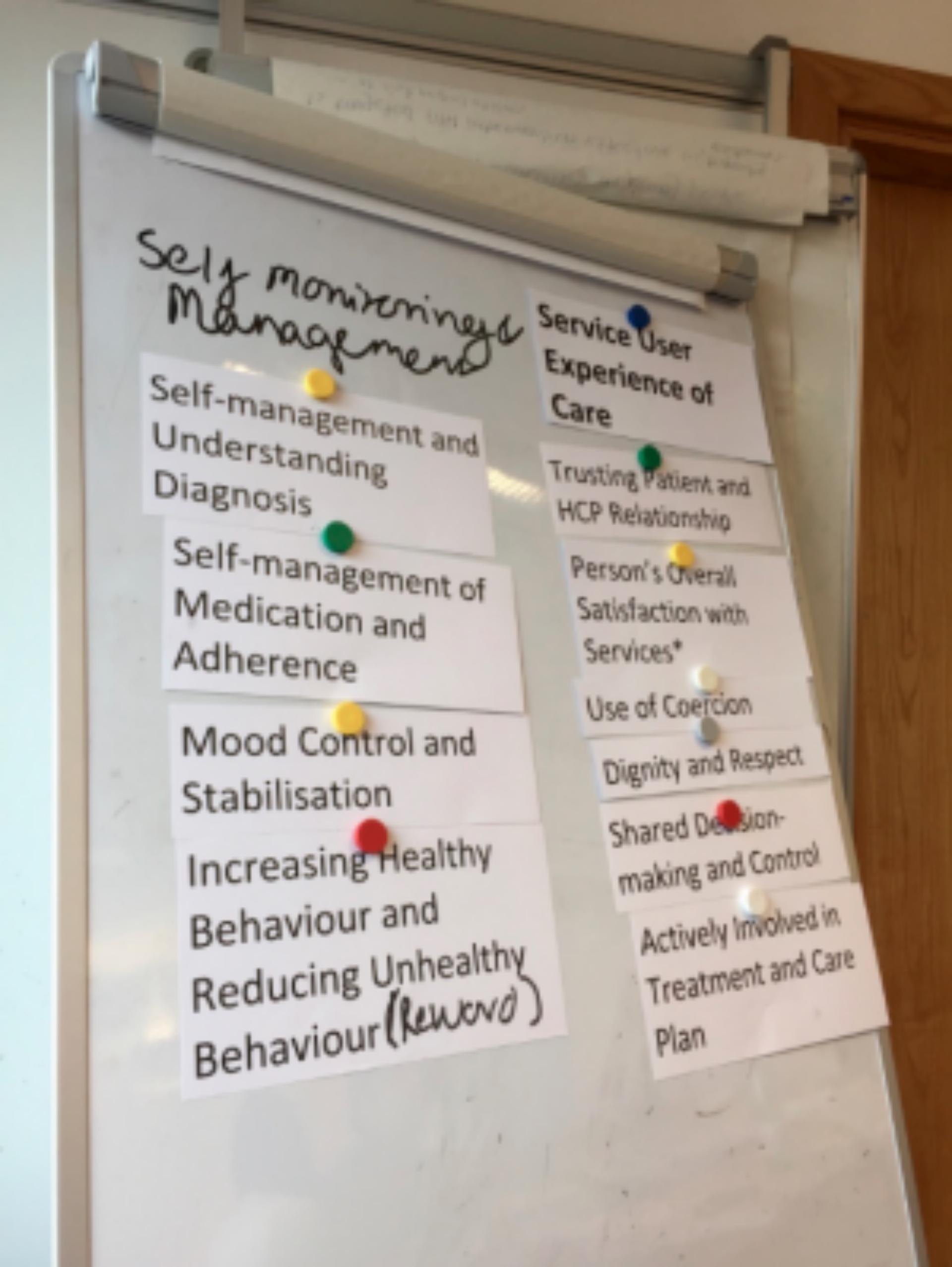 A whiteboard listing self-monitoring and management ideas for bipolar research