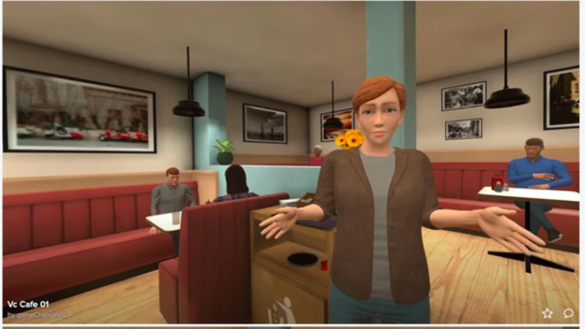 A virtual reality scene in a cafe with a person standing looking at the camera