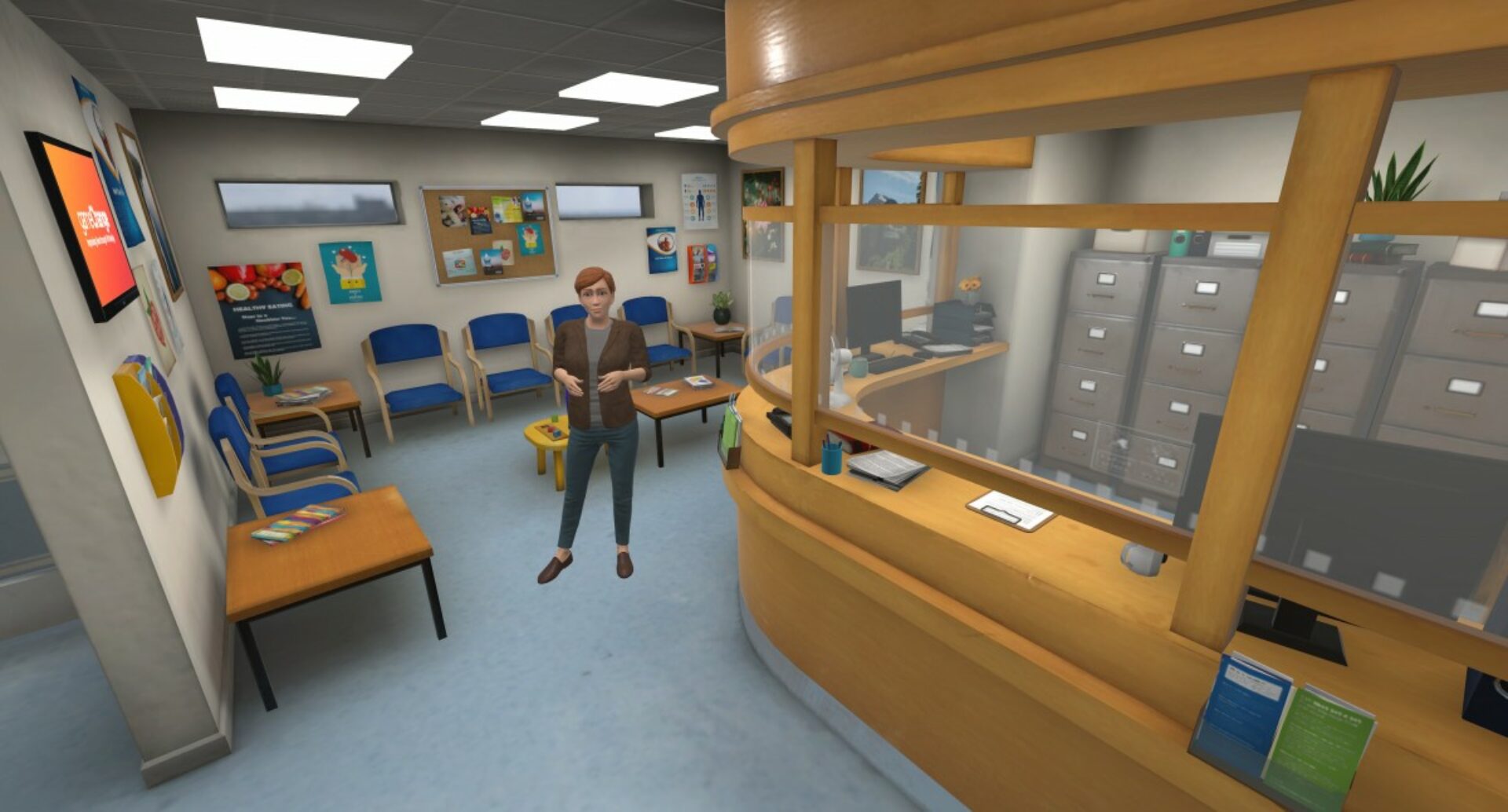 A virtual reality rendering of a doctor's waiting room