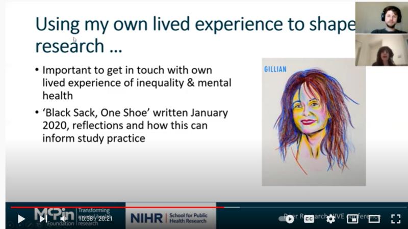 A screenshot of a video presented at the conference. The title reads: Using my own lived experience to shape research