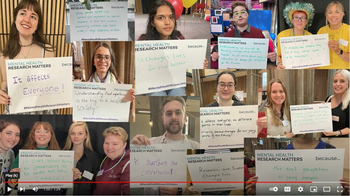 A still from a video showing a tiled layout of lots of pictures of young people at the TRIUMPH event holding signs saying 'Mental health research matters because' and then their reasons underneath.