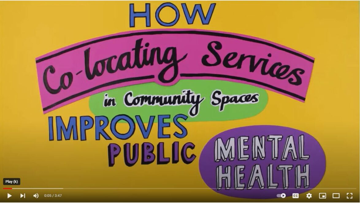 A still from a video on co-locating mental health services showing animated writing in fun fonts reading: How co-locating services in community spaces improves public mental health.