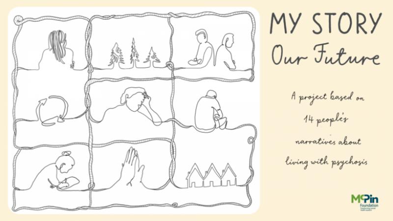 An illustration from the front of the My Story: Our Future project report. Different images of people and places in a pencil line-drawing style. The title reads 'My story our future: a project based on 14 people's narratives about living with psychosis'.