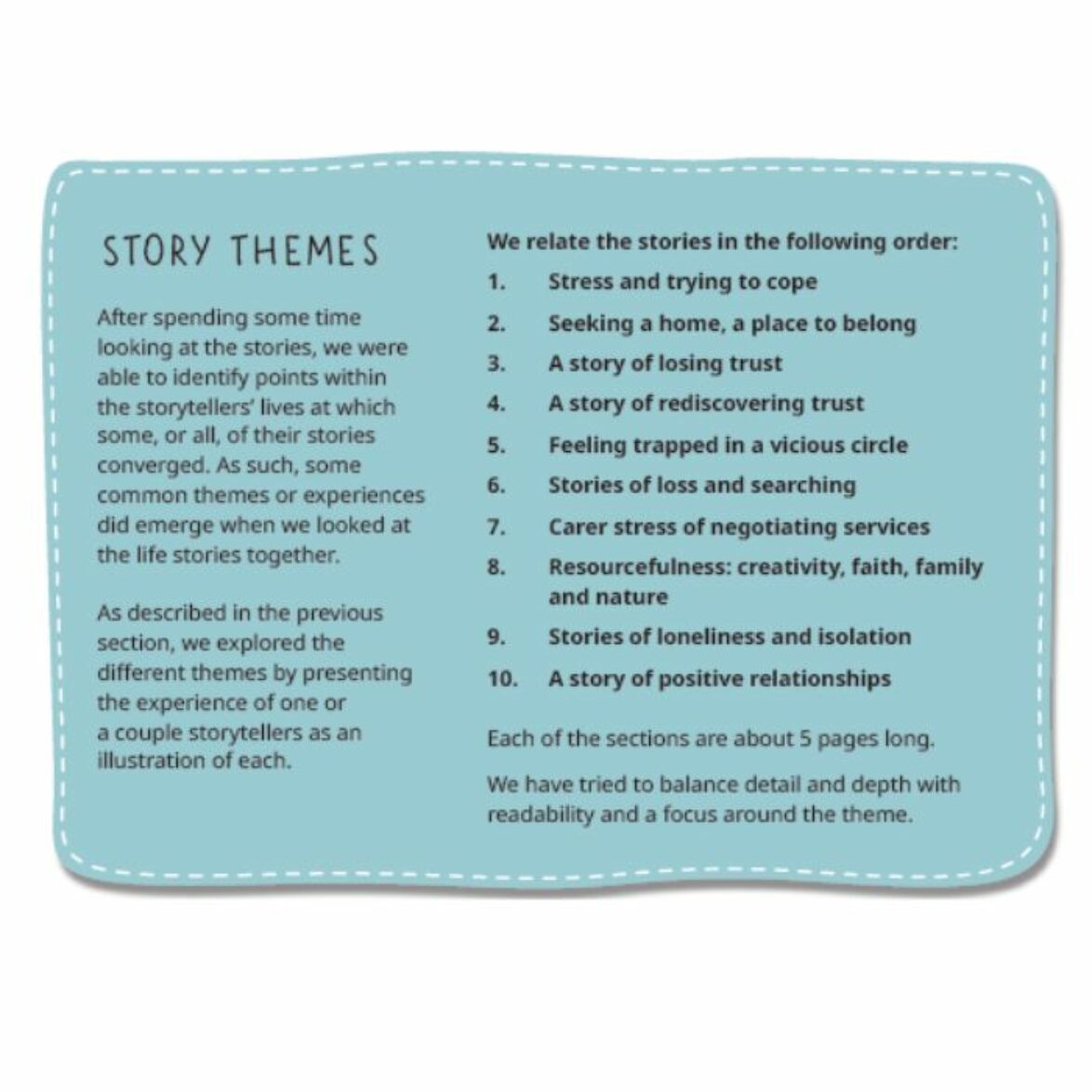 An illustrated list of the 10 story themes from the My Story Our Future Project.