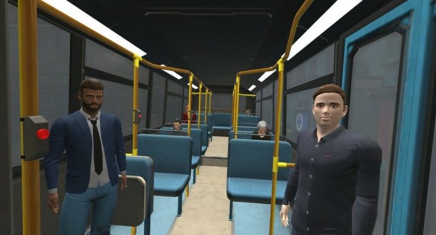 A virtual reality rendering of a bus, with virtual people dotted around.