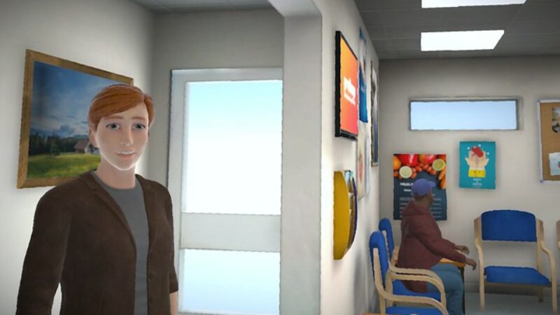A virtual reality rendering of a doctor's waiting room, with a virtual person stood to the left hand side of the screen.