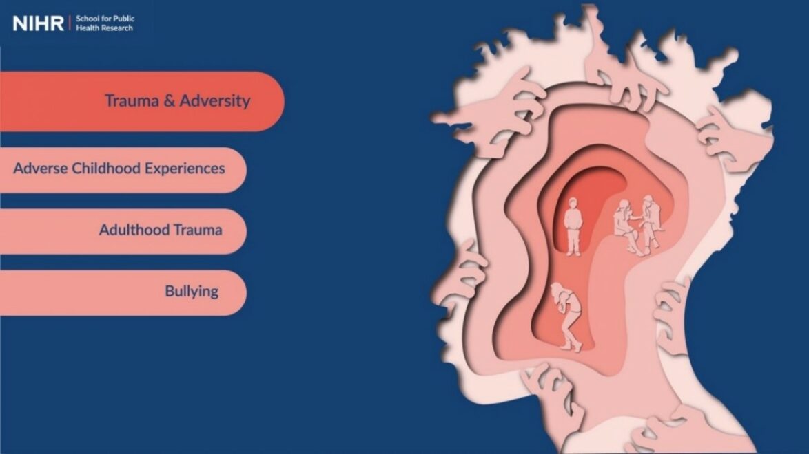 A graphic of the inside of a head, with hands reaching in and people inside, in poses of talking and distress. The tabs down the side read: Trauma & adversity, Adverse Childhood Experiences, Adulthood trauma, Bullying. Taken from the Public mental health conceptual framework.
