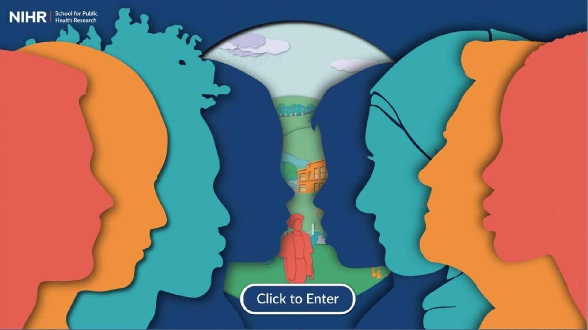 A graphic with silhouettes of several faces, over a cityscape. A button says 'Click to Enter', as it's taken from the front of the Public Mental Health Conceptual Framework interactive webpage.