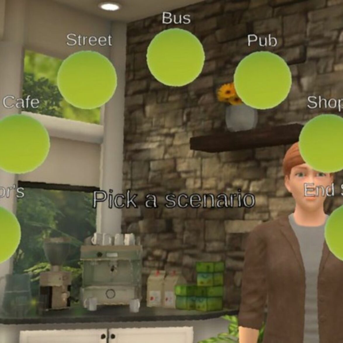 A virtual reality rendering of a cafe, with the text 'pick a scenario' in the centre of the screen, and different options, such as cafe and street, dotted around.
