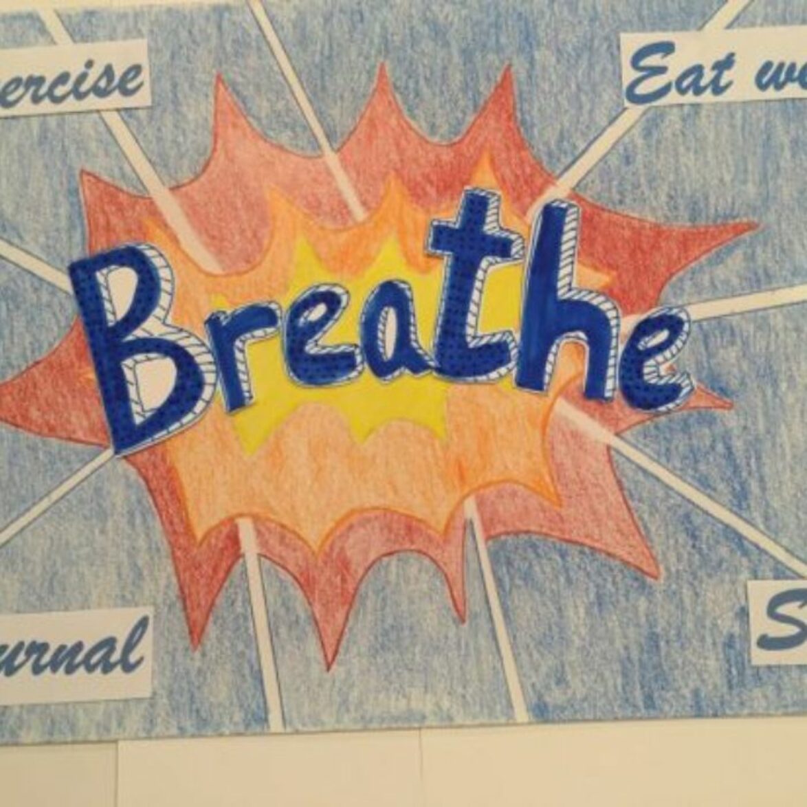 A hand-drawn poster with the word 'Breathe' in the centre of a starburst-type graphic. The words 'Exercise, Eat well, journal and sleep' are written, one in each of the four corners of the image is on
