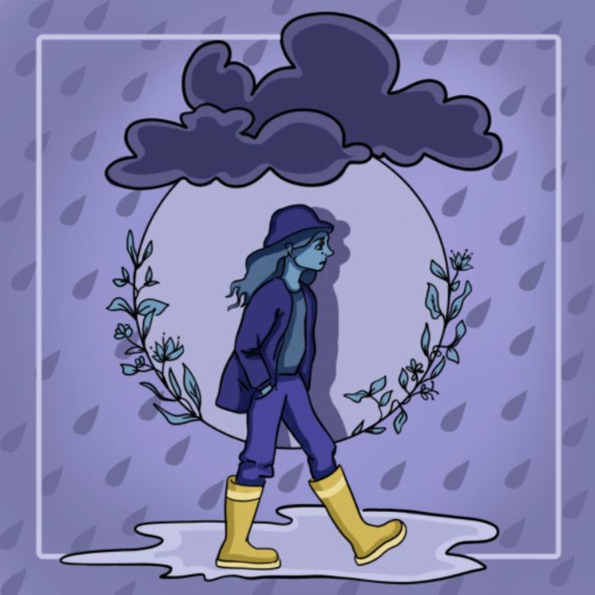 A graphic of a woman walking under a raincloud, all in blue, with yellow wellies.