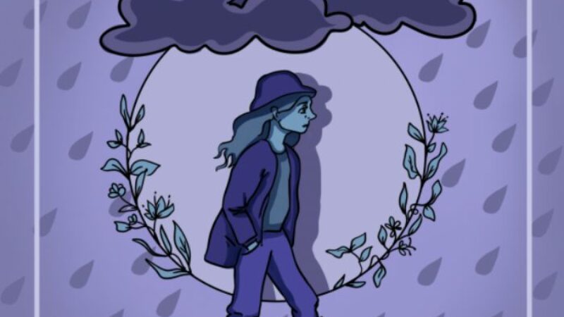 A graphic of a woman walking under a raincloud, all in blue, with yellow wellies.