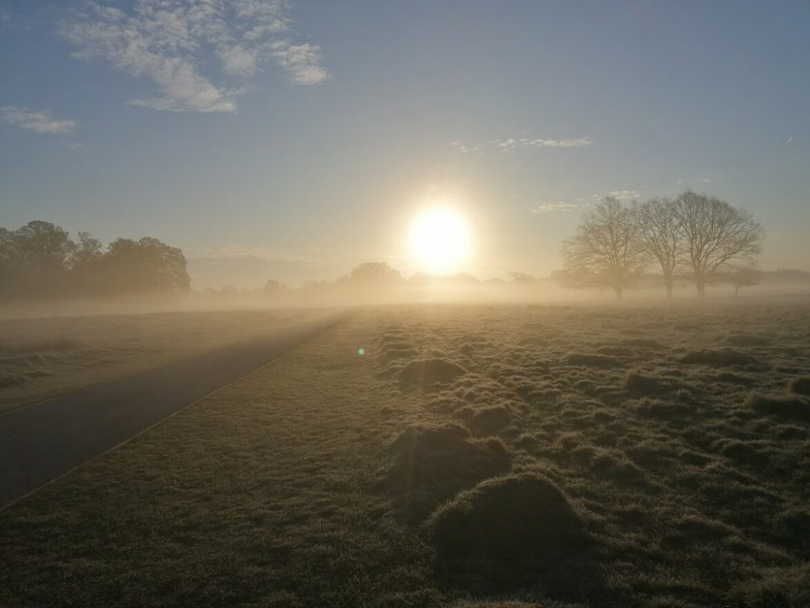 A picture of the sun rising over a frosty field with mist on the ground