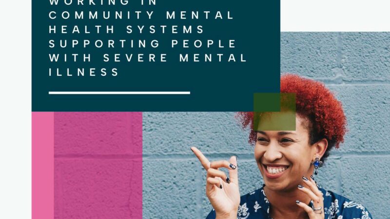 Front page of the PARTNERS2 Briefing, with the title in white text on a blue background: Working in community mental health systems supporting people with severe mental illness