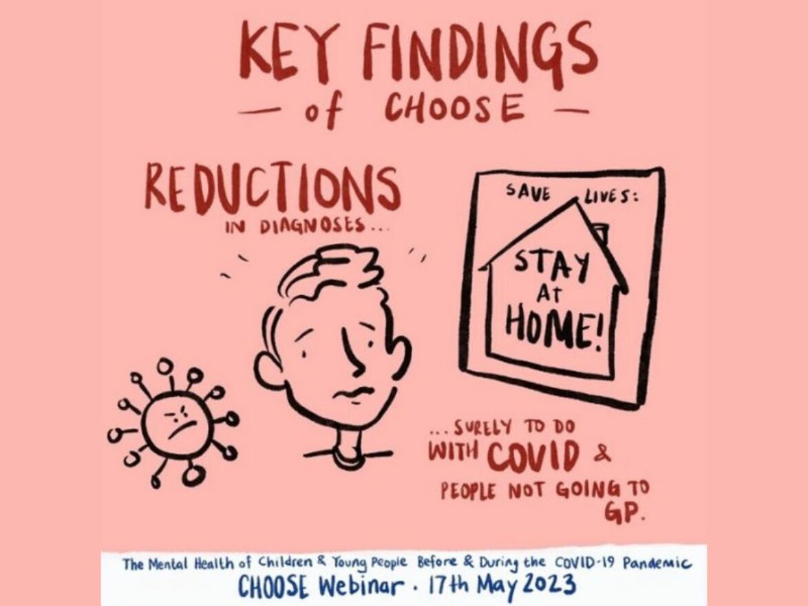 A graphic of some key findings from the study. Illustration of a boy looking worried and a sign saying 'save lives, stay at home'. Text reads: Reductions in diagnoses... surely to do with COVID and people not going to GP.