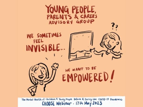 Young people, parents & carers advisory group. Illustration of girl looking in mirror and not seeing anything - text reads 
