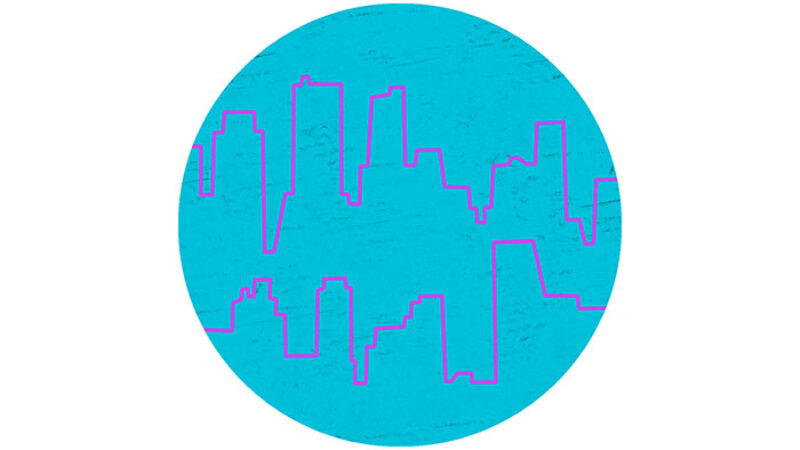 A light blue circular icon with the outline of a city scape in pink